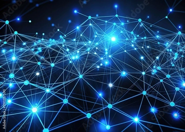 Fototapeta Intricate network of glowing blue lines and nodes forms a complex pattern on a dark background, representing data connections and digital infrastructure.