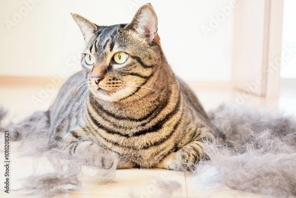 Obraz 部屋でフローリングに散らかる自分の大量の抜け毛の中で座るキジ猫の接写、換毛期イメージ