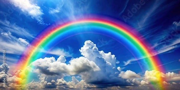 Fototapeta Vibrant colors swirl together in a stunning rainbow display, symbolizing hope, diversity, and inclusivity, against a bright blue sky with fluffy white clouds.