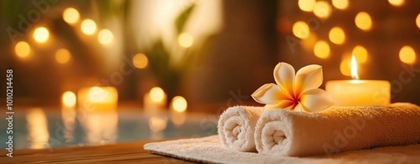 Fototapeta Realistic photo of a candlelit spa room with fresh plumeria frangipani flowers placed on a soft towel, highlighting a luxurious and calming retreat