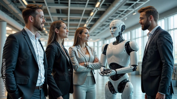 Fototapeta オフィスでミーティングをする男女とロボット。人とロボットが共存する世界　
Man and woman and robot having a meeting in the office. World where people and robots coexist.