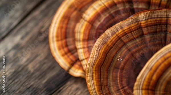 Fototapeta Reishi mushroom caps resting on a rustic wooden tabletop