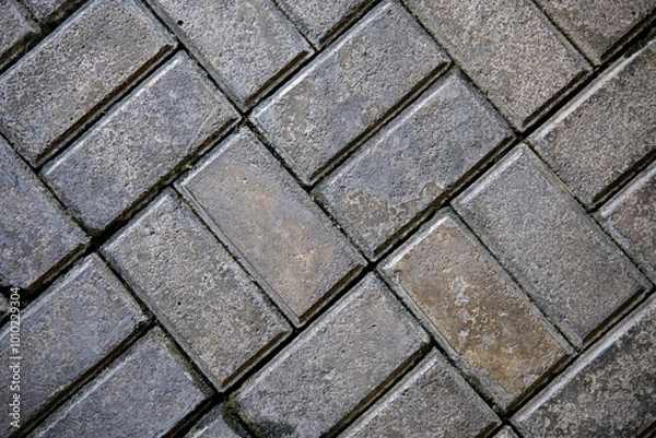 Obraz A textured close-up background of a wet brick pavement with a geometric, interlocking pattern, highlighting the rough surface and subtle reflections of light