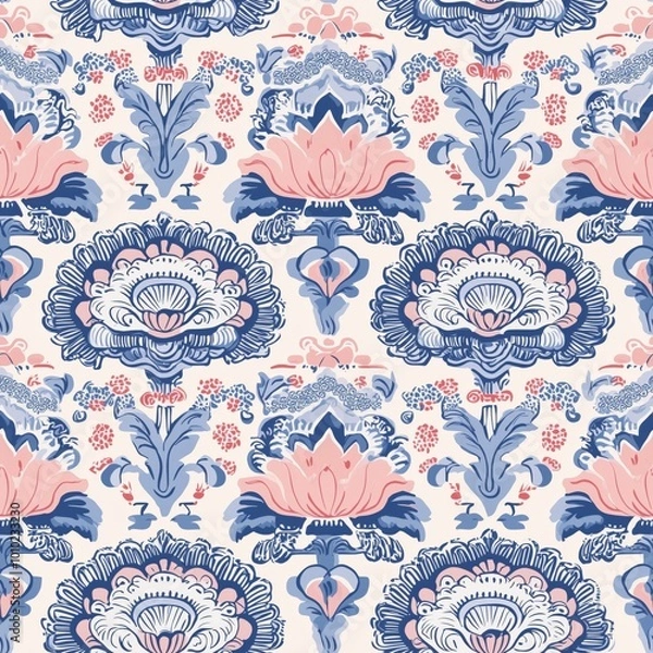 Obraz Intricate Pink and Blue Floral Pattern with Detailed Lotus and Decorative Elements, Featuring a Symmetrical Design on a Cream Background, Perfect for Elegant Textile and Wallpaper Creations