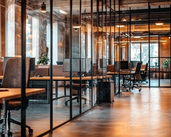 Fototapeta Modern Office Interior with Glass Partitions and Desks