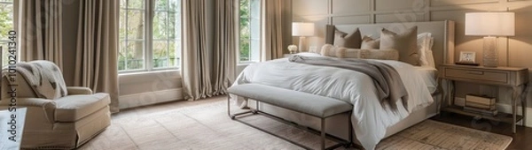 Fototapeta Unwind in the serenity of this spacious master bedroom retreat. Soft colors, plush bedding, and ample floor space create a calming and luxurious