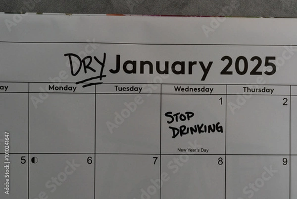 Obraz Calendar marked to indicate that January is Dry January - a month to stay sober and alcohol-free