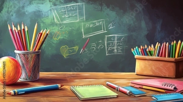 Fototapeta Classroom Supplies and Chalkboard with Mathematical Equations