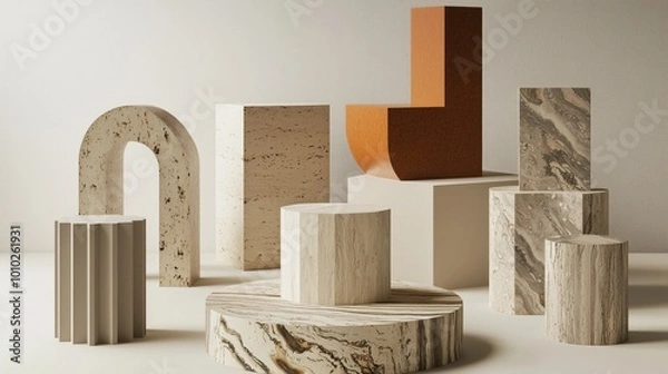 Fototapeta A collection of abstract wooden and stone sculptures displayed on pedestals.