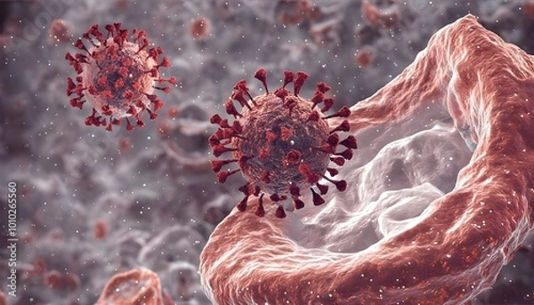 Fototapeta Micrograph of a virus attacking a healthy immune system cell. Stem cells, immunology, and longevity research.