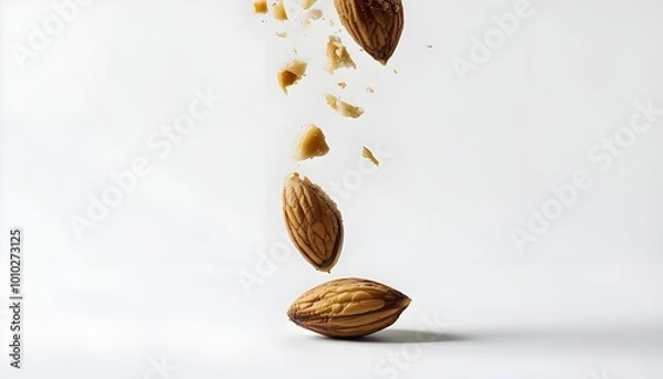 Fototapeta Isolated falling almond on white background, full depth of field