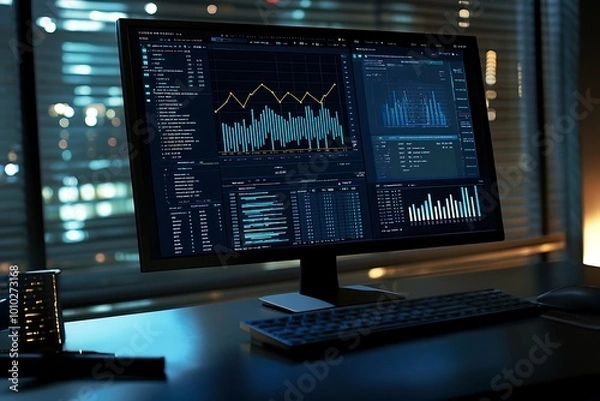 Obraz Data analysis, statistics, and graphs on computer screen in a dark office