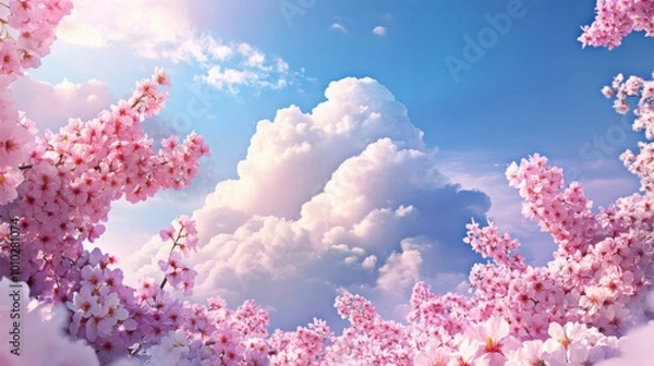 Fototapeta A captivating scene of Wild Himalayan Cherry flowers against a backdrop of fluffy clouds in a blue sky