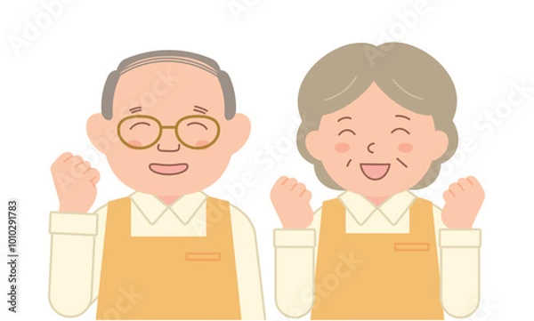 Obraz 笑顔でガッツポーズをするシニアスタッフ（上半身）