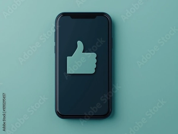 Fototapeta Smartphone displaying a floating thumbs-up notification, 3D render, extreme close-up, promoting positivity.