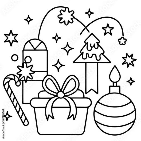 Fototapeta festive objects outline coloring book page line art drawing