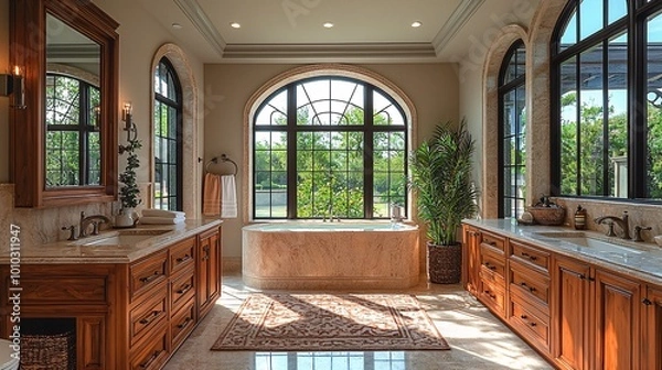 Fototapeta Dual sink vanity with wooden cabinets and arched mirrors, with a light, calming background in a high-end bathroom setting