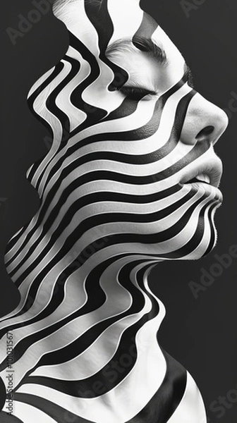 Fototapeta black and white, psychedelic wavy lines, flat 