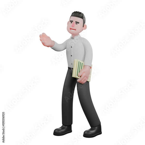 Fototapeta Male Business in Corporate Setting. A male businessman stands with his left hand carrying a document while his right hand is raised up, as if explaining. 3D Character