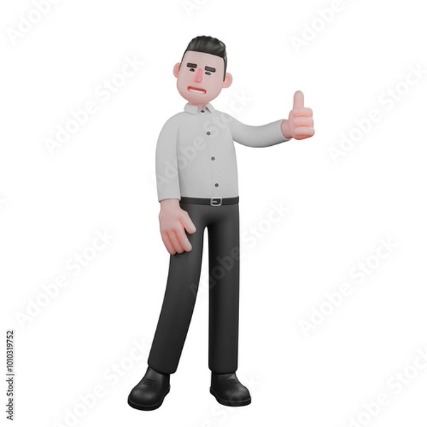 Fototapeta Cartoon Style Corporate Analyst. A male businessman stands with his left hand giving a thumbs up with a smiling expression. 3D Male
