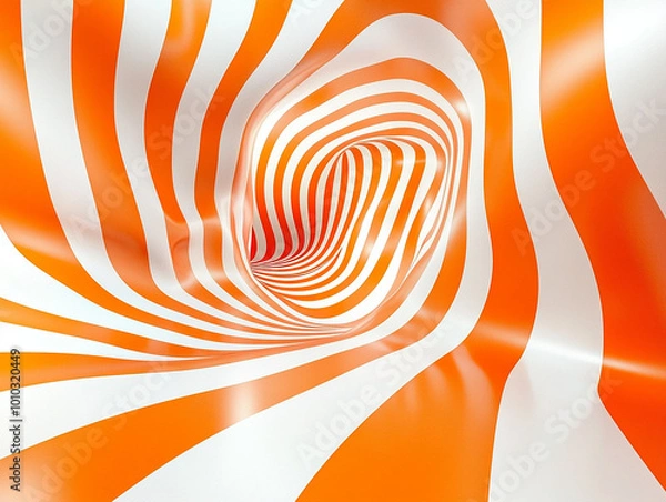 Fototapeta Torus 3D optical illusion raster illustration. Hypnotic white and orange tube image. Contrast twisting loops, stripes ornament. Endless effect psychedelic pattern
