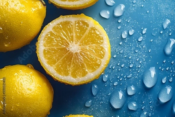 Fototapeta Fruit photography, yellow lemons with water droplets on them, top view, fresh and natural color scheme, blue background, high resolution, natural light, clear focus, bright colors, delicious textures