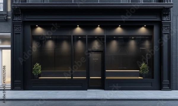 Fototapeta A black storefront with a glass door and windows, lit by spotlights.