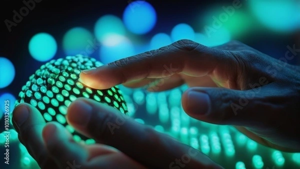 Fototapeta Close-up of hand squeezing glowing pixels. The photo was created using AI tools.