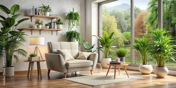 Fototapeta Sala de estar elegante con sillón crema, arte minimalista de líneas y plantas verdes exuberantes. Una mezcla perfecta de confort moderno y belleza natural.