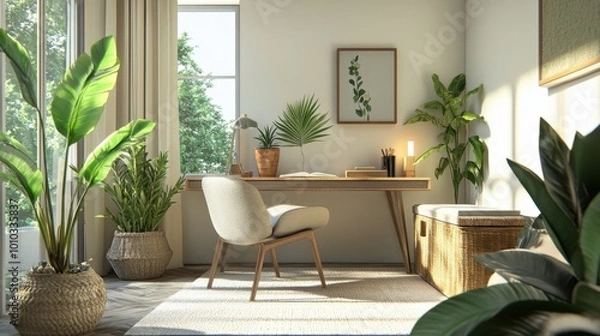 Fototapeta A beautifully designed modern home office with a minimalist desk, decorative items, a comfortable chair, and lush potted plants, flooded with natural light.