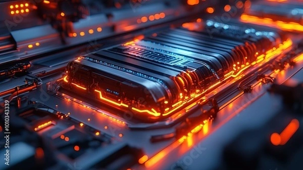 Fototapeta Close-up of an electric vehicle battery on a production line, neon effect 