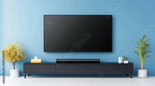 Fototapeta Modern black TV stand with metallic soundbar mounted below large flat screen TV against blue wall. scene features decorative plants and minimalist aesthetic, creating stylish living space