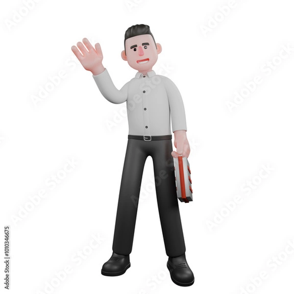 Fototapeta Male Businessman Professionalism in 3D. A male businessman stands with his right hand giving a greeting gesture while his left hand is carrying a briefcase. Strategy Services