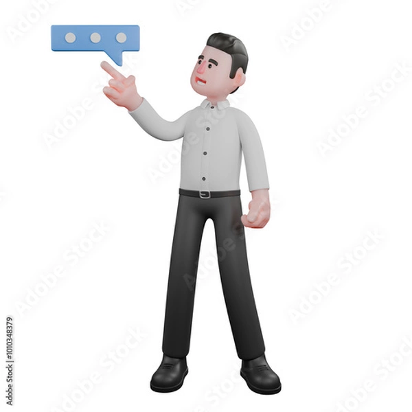 Fototapeta Animated Professional Business. A male businessman stands with his right hand pointing at the conversation block symbol. 3D Male Character