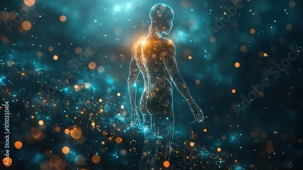 Fototapeta Glowing hologram of human body 3D structure with dark background 