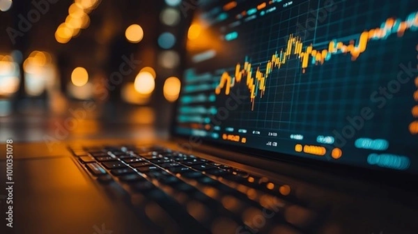 Fototapeta Stock Market Analysis on Laptop with Bokeh Background