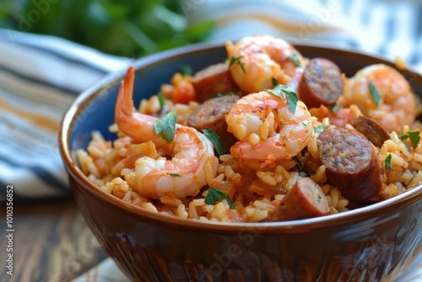 Fototapeta Shrimp and sausage jambalaya with flavorful rice and fresh herbs in a Cajun style