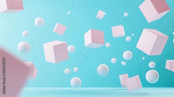 Fototapeta Abstract Composition with Pink Cubes and White Spheres on a Blue Background