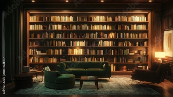 Fototapeta A cozy library with a green sofa, two armchairs, and a large bookcase filled with books.
