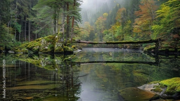 Obraz Tranquil Forest Lake with Fallen Log Bridge