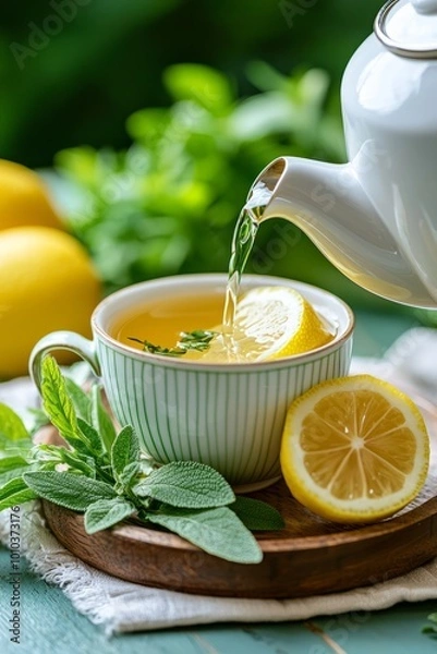 Fototapeta Close-up of a teapot pouring herbal tea into a cup. Fresh herbs and lemon slices add a refreshing touch
