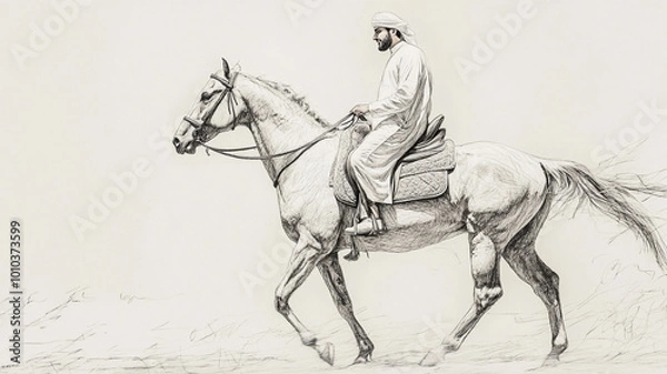 Fototapeta A man on horseback dressed in traditional attire rides through a vast desert landscape