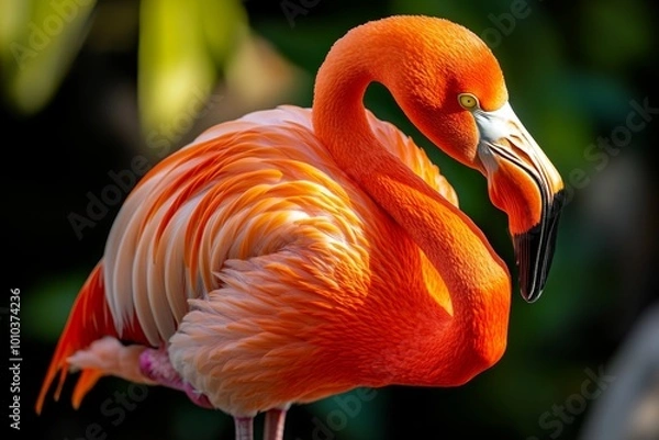 Fototapeta A hyper-detailed view of a flamingo preening its feathers, with the sunlight glistening on its vibrant plumage, highlighting every fine detail of the birdâ€™s grooming ritual