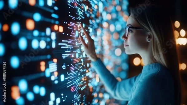 Obraz A techsavvy woman captivated by a futuristic display, immersed in the wonders of digital innovation, with a blurred backdrop.