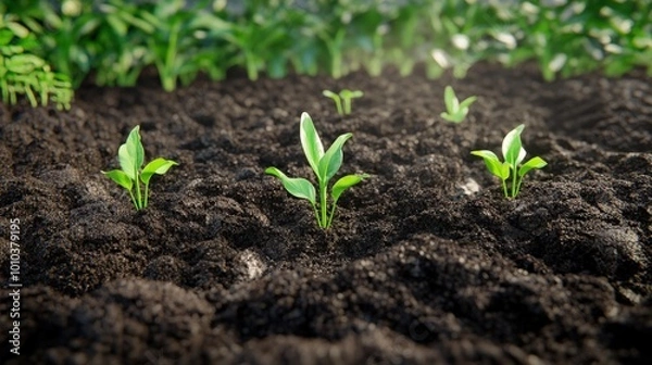 Fototapeta New Life: Green Seedlings Emerging from Rich Soil