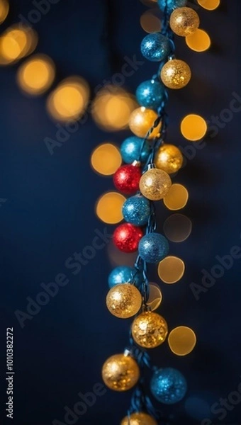 Fototapeta Close-up of colorful Christmas lights in various festive hues like red, green, and blue