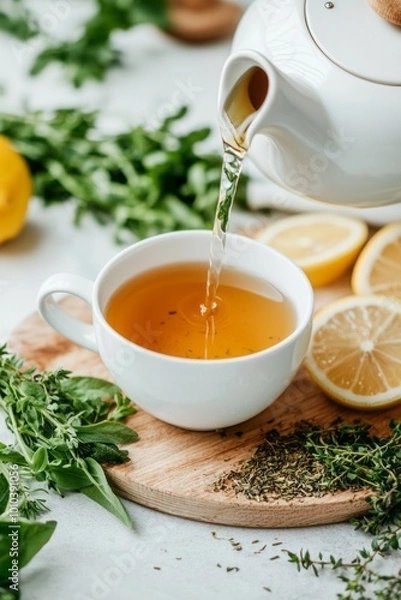Fototapeta Teapot pouring herbal tea into a cup. Fresh herbs and lemon slices are scattered around