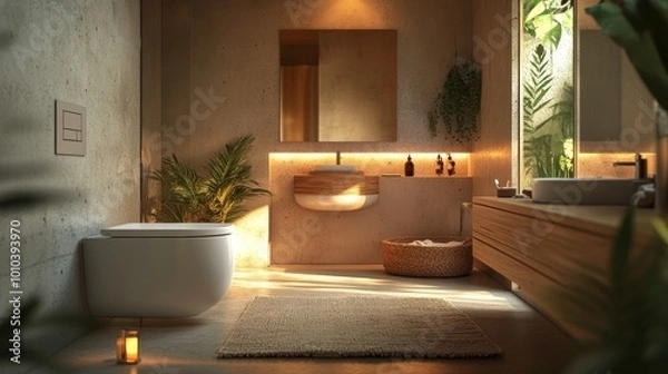 Fototapeta A contemporary bathroom with a minimalist white toilet, warm wooden accents in the background, soft ambient light creating a serene atmosphere, Scandinavian style, Warm tones