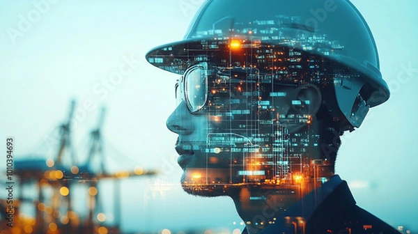 Fototapeta Double exposure Engineer hardhat leverages big data to forecast shipping demand and optimize container usage.