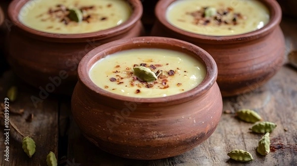 Fototapeta Creamy phirni in earthen pots with a hint of cardamom